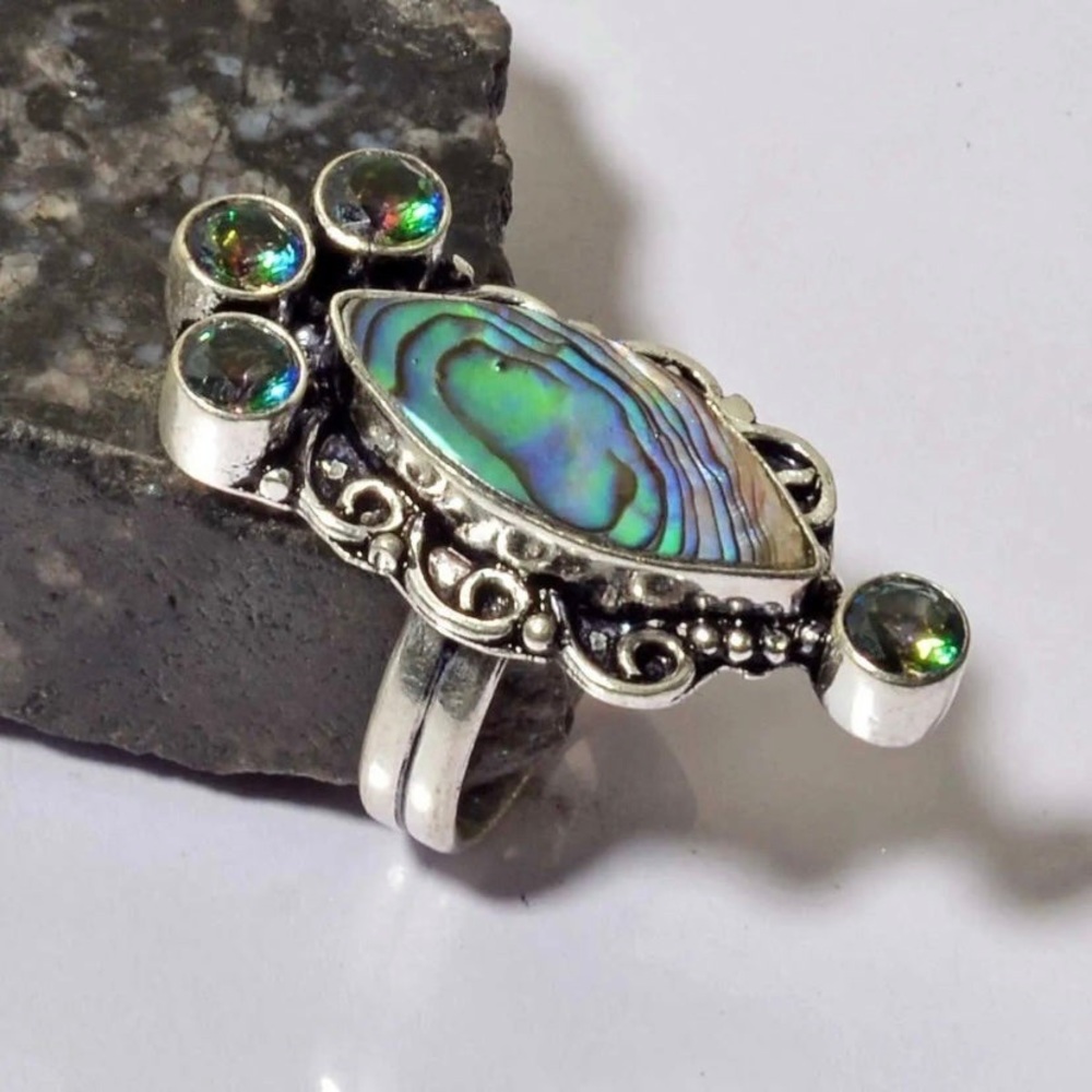 Abalone Mystic Topaz Ethnic Handmade Ring Jewelry US Size-8 Witchy .925 Silver
